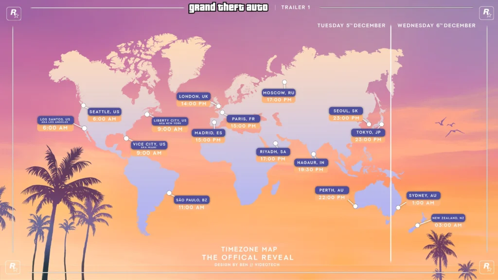Grand Theft Auto 6: trailor relese time zone map