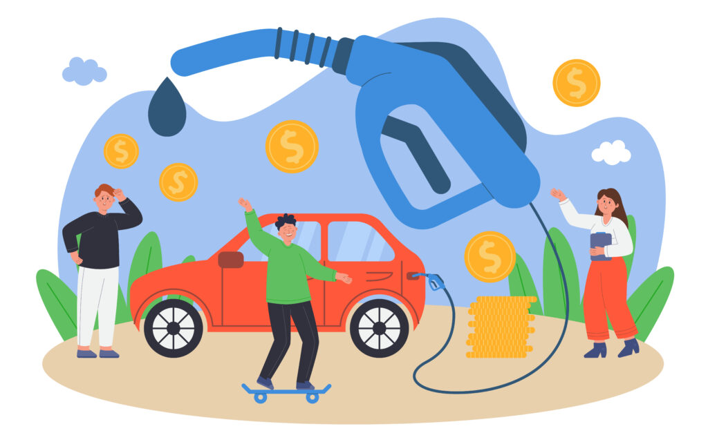 Upset man filling tank of car with gasoline or biodiesel. Happy person saving money by riding skateboard flat vector illustration. Finances, economy, fuel, transportation concept for banner