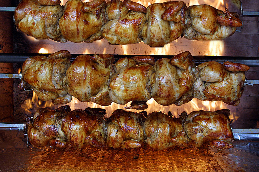 Rotisserie chicken being cooked at a restaurant in California
